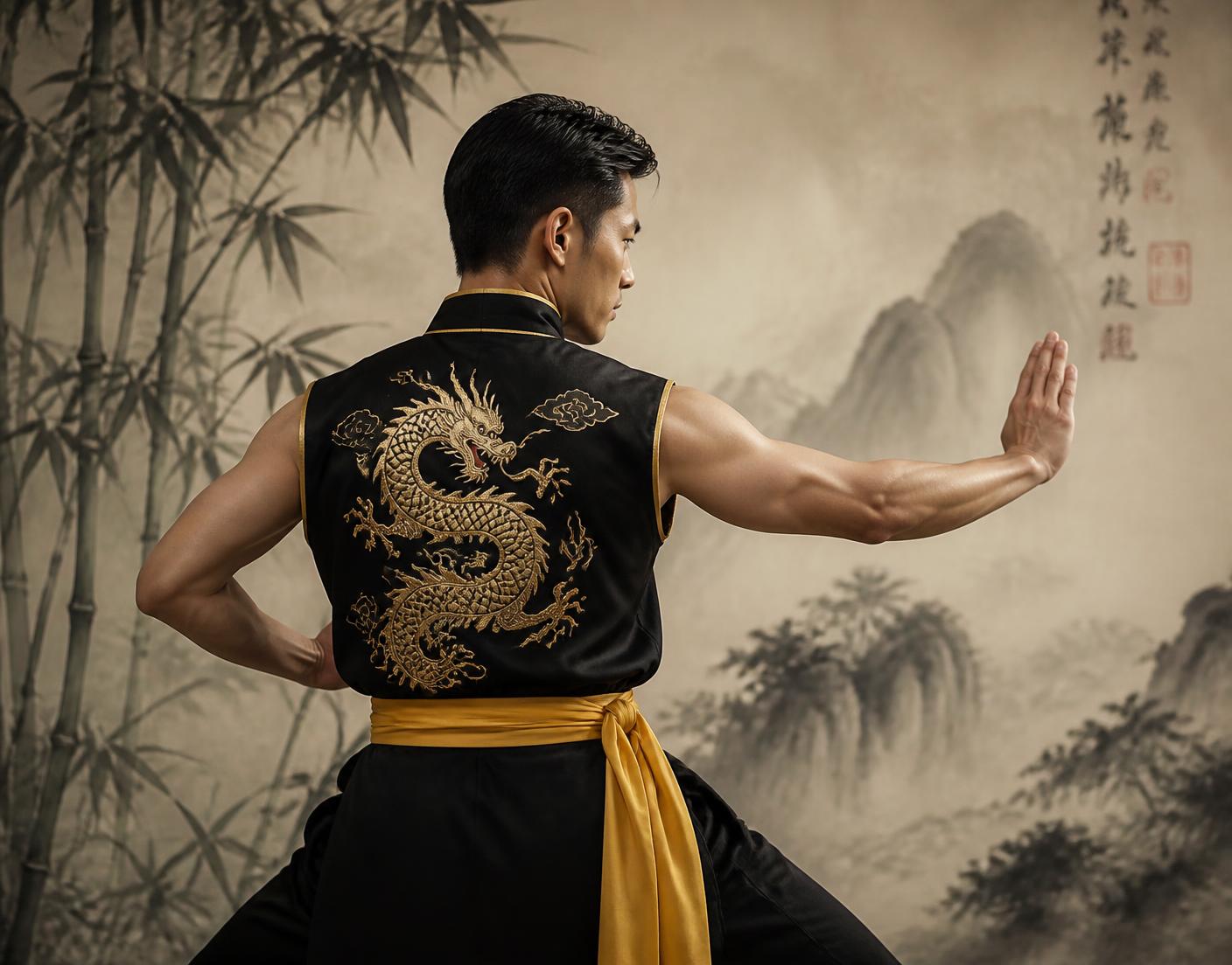 Praticante de Kung Fu de costas usando colete preto com dragão bordado em dourado